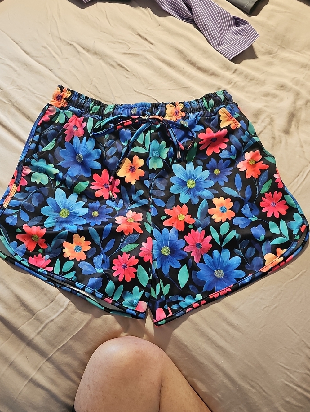 Floral Active Drawstring Women’s Shorts - Black with Multicolor Flowers